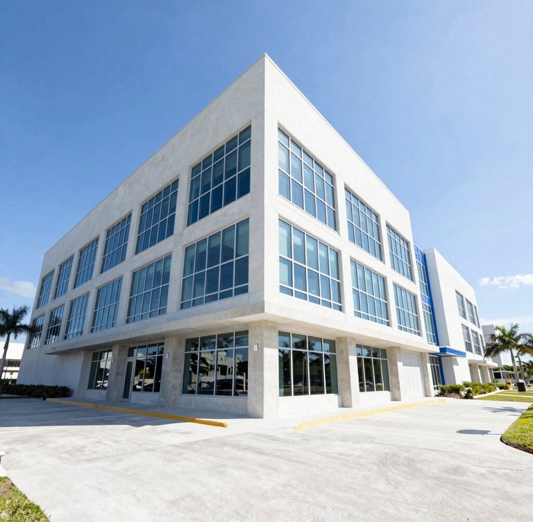 Bright, wide-angle architectural perspective of a modern concrete and glass commercial building in coastal Florida, sunny daylight, crisp blue sky, clean lines.