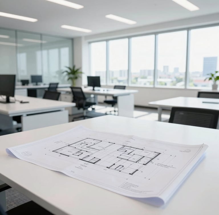 Bright, high-key natural daylight photo of a professional office environment in Florida, clean white tables with architectural blueprints, wide-angle perspective.
