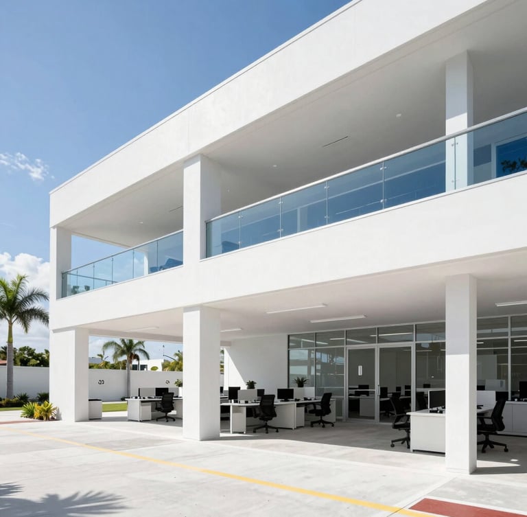 Bright architectural photography of a modern, open-plan commercial planning office in Florida, high-key natural daylight, clean white and blue accents, wide-angle lens.