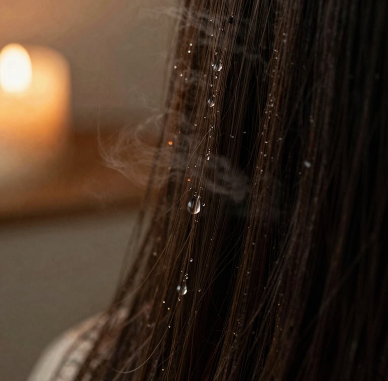 Extreme close-up of water droplets flowing over dark hair strands, steam rising softly, warm golden-hour light, shallow depth of field, tactile texture.