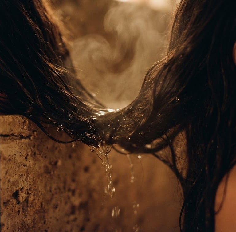 Extreme close-up of warm water slowly flowing over dark hair, soft steam rising, low-key warm candlelit lighting, travertine stone texture background, 35mm photography