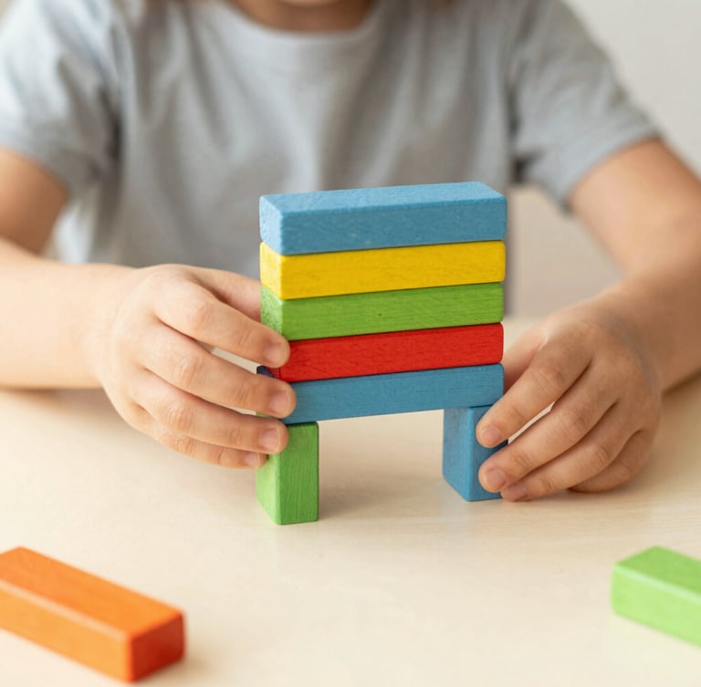 Close-up of a child's hands carefully stacking colorful wooden arches on a light cream table, soft warm sunlight, shallow depth of field