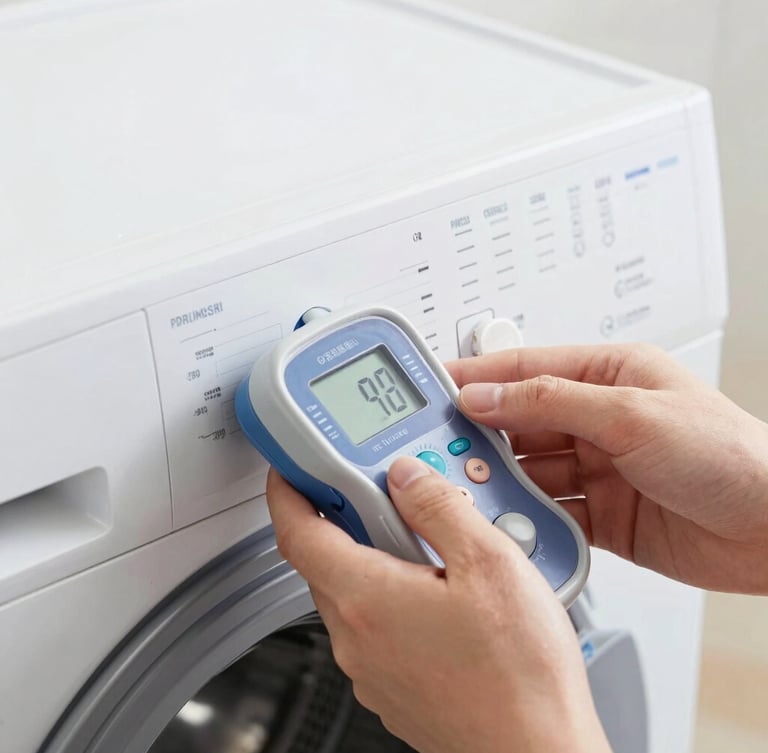 Close-up of skilled hands using a digital diagnostic meter on a washing machine control board, crisp industrial lighting, clean metallic tones
