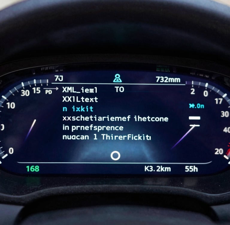 Macro shot of a clean digital dashboard displaying XML node structures and content transformation metrics, cool blue and purple ambient lighting