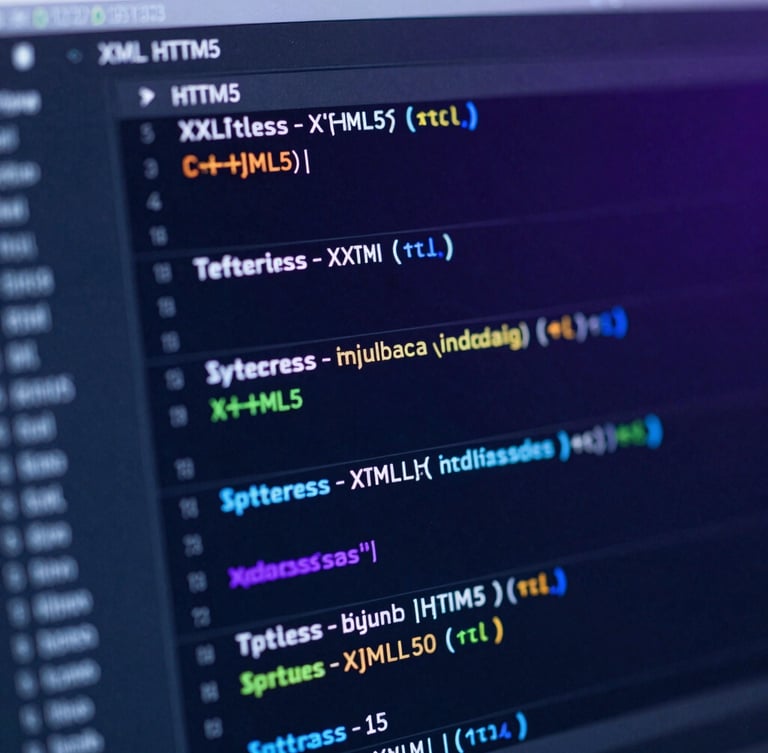 Macro shot of a digital interface showing clean structured XML and HTML5 code blocks, cool blue and purple ambient lighting, high-fidelity UI dashboard.