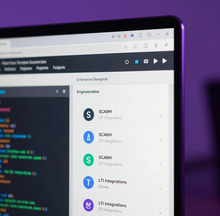 Macro close-up of a high-fidelity enterprise developer dashboard showing active engineering resources, clean code lines of SCORM and LTI integrations on screen, cool purple studio lighting, shallow depth of field.