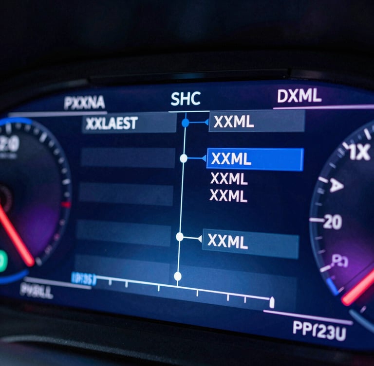 Macro shot of a high-fidelity digital dashboard showing structured content nodes and clean XML code, cool blue and purple ambient lighting.