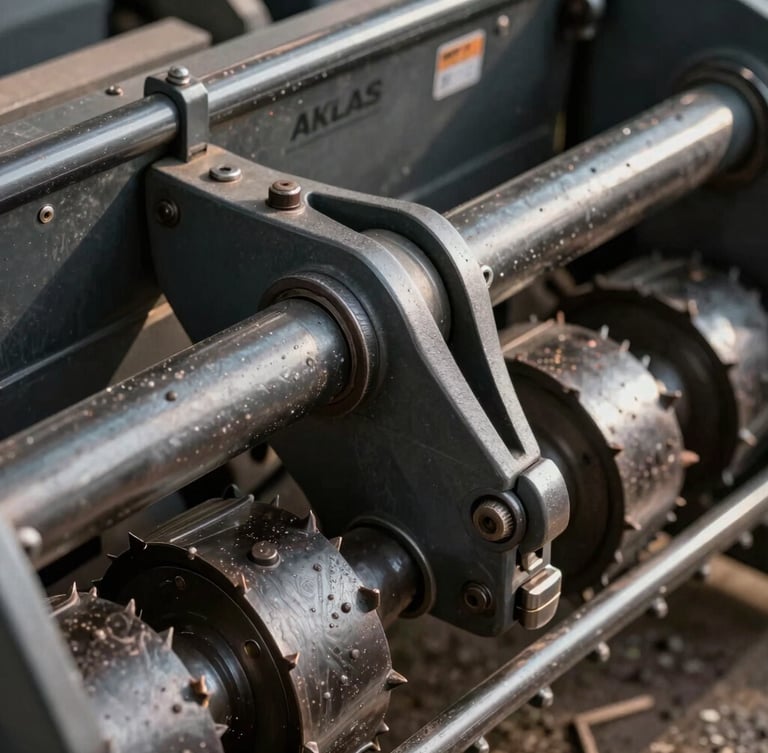 Macro detailed close-up of the heavy-duty steel cutter bar and thresher drum mechanism of the AKLAS harvester, metallic grey textures, dramatic side-lighting.