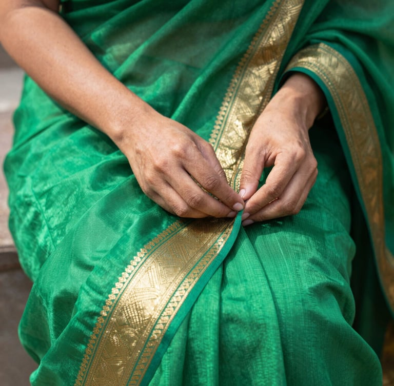 Close-up of hands feeling a rich emerald green silk saree with intricate gold zari border, bright natural daylight, shallow depth of field