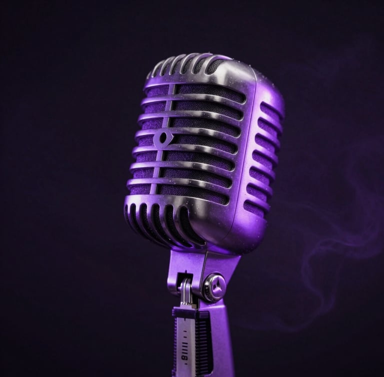 Close-up of a classic vintage microphone under a single electric purple spotlight, dark background with subtle smoke, high-contrast neon-noir style.