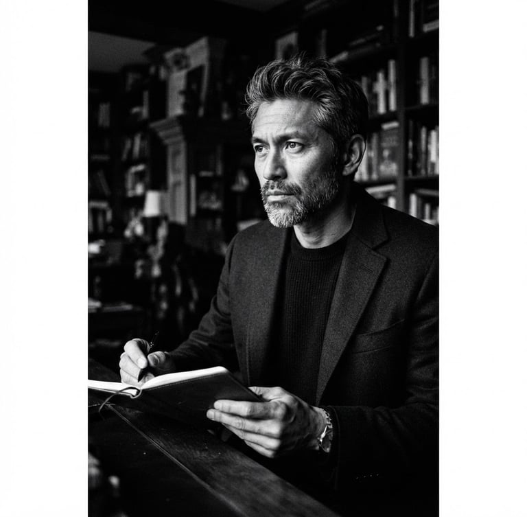 Dramatic high-contrast black and white portrait of author Cassian Ito, shadowed lighting, cold dark background, professional and intellectual look, 35mm