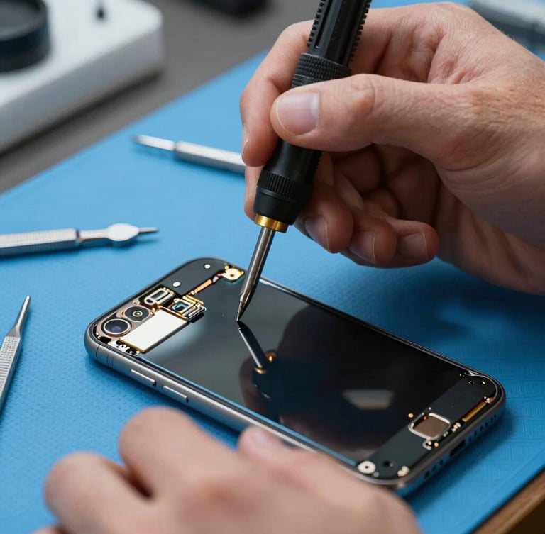 Close-up macro of a technician's hands using a precision screwdriver on a disassembled smartphone screen, cool workbench LED light, clean metal tools, blue silicone work mat.