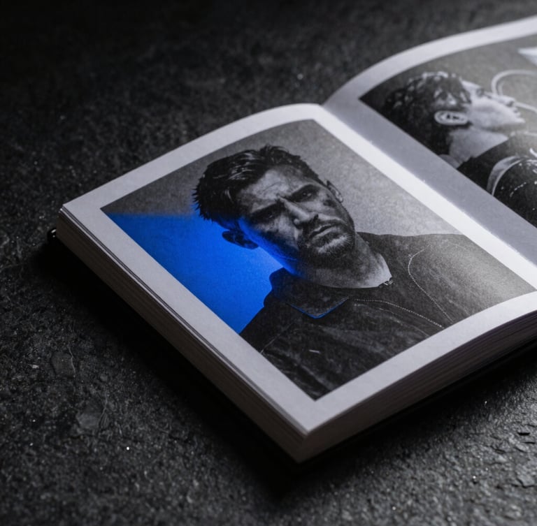 Extreme close-up macro detail of a high-concept physical campaign book on a dark stone table, dramatic low-key studio lighting with a sharp electric blue shadow casting across the textured paper.