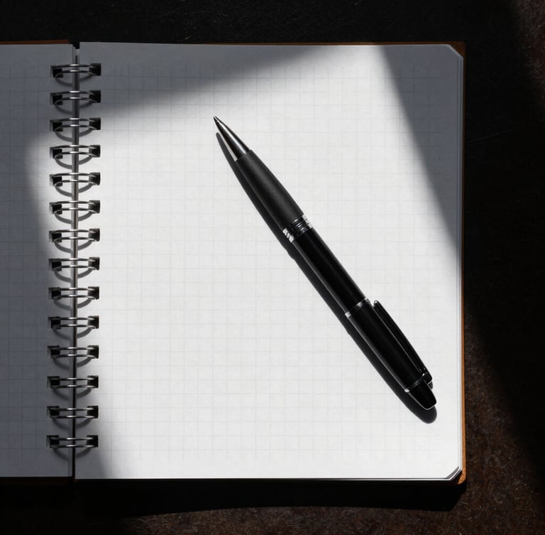 Top-down high-contrast flat lay of physical productivity tools, a heavy black pen resting on a stark white gridded notebook, sharp directional desk lamp shadow, utilitarian aesthetic.