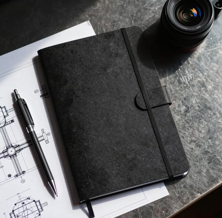 High-contrast top-down flat lay of a black notebook, a technical blueprint drawing, and a mechanical pencil on a dark metal desk under harsh directional light.