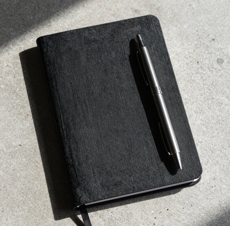 Stark top-down close-up of a heavy black linen notebook and a solid steel mechanical pencil on a raw concrete surface, sharp shadows from hard directional light.
