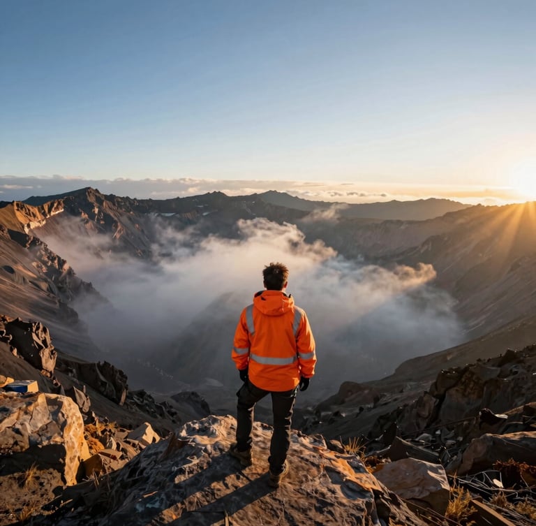 A professional mountain guide in high-visibility orange jacket looking out over a misty volcanic crater at sunrise, wide environmental scale.