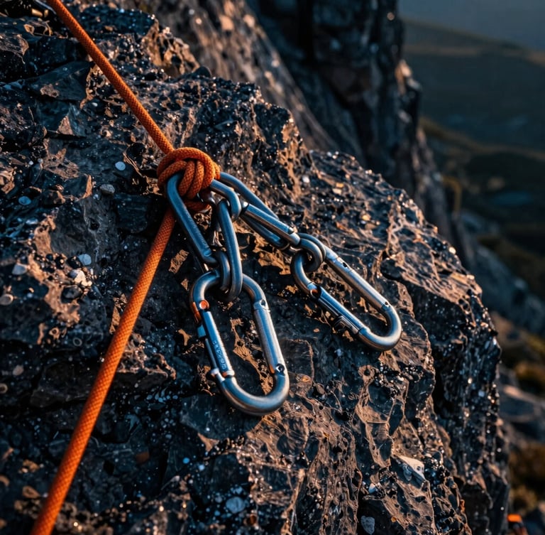 Close-up of technical climbing gear, carabiners, and safety-orange ropes resting on a rugged volcanic rock surface, dramatic high-contrast lighting.