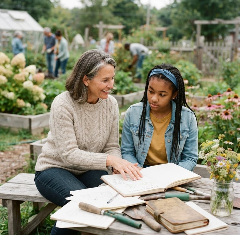 Bright natural photography of an active mentoring session in Indiana, warm ivory tones, soft overcast daylight, shallow depth of field, 35mm