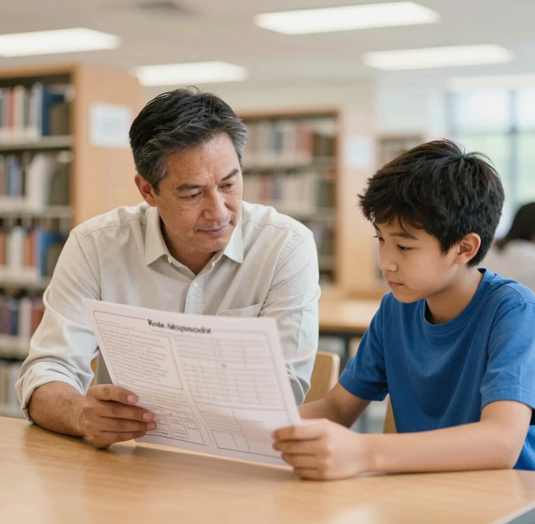 A warm, natural light photograph of an adult mentor and a high school student sitting together at a wooden table in an Indianapolis library, reviewing a project board, soft focus background, 35mm.