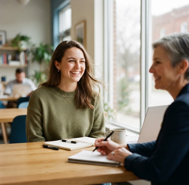 A young professional in Indiana smiling during a collaborative mentorship session, bright natural window light, warm ivory tones, shallow depth of field, 35mm.