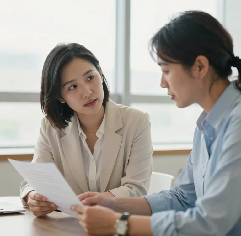 An active mentoring session in Indianapolis, a seasoned career coach and a young professional reviewing documents together under soft natural window light, shallow depth of field, 35mm.