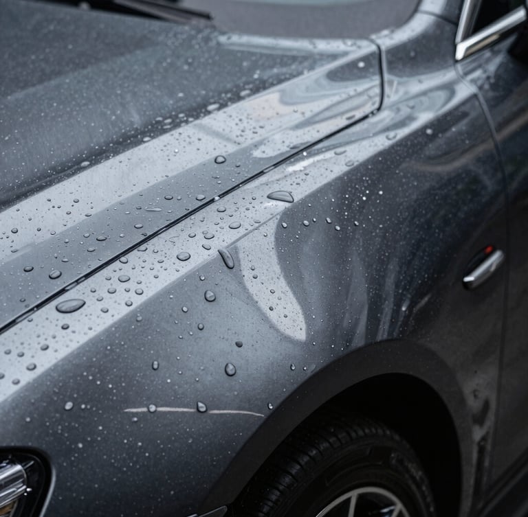 Macro shot of water perfectly beading on a fresh ceramic coating over dark metallic car paint, sharp reflections, high-contrast studio lighting