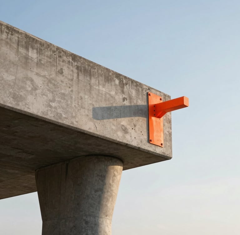 Ultra-tight crop of a poured concrete cantilever joint against a clear morning sky, sharp safety-orange construction marker visible