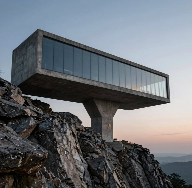 Wide panoramic 21:9 extreme environmental shot of a raw concrete cantilever structure jutting out over a rocky cliff at twilight, massive glass spans reflecting the horizon, high-contrast lighting, expansive negative space in the sky.