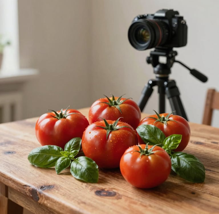 A professional camera on a heavy tripod positioned over a rustic wooden table, capturing a styled arrangement of fresh heirloom tomatoes and dark green basil leaves, side-lit by soft studio daylight.