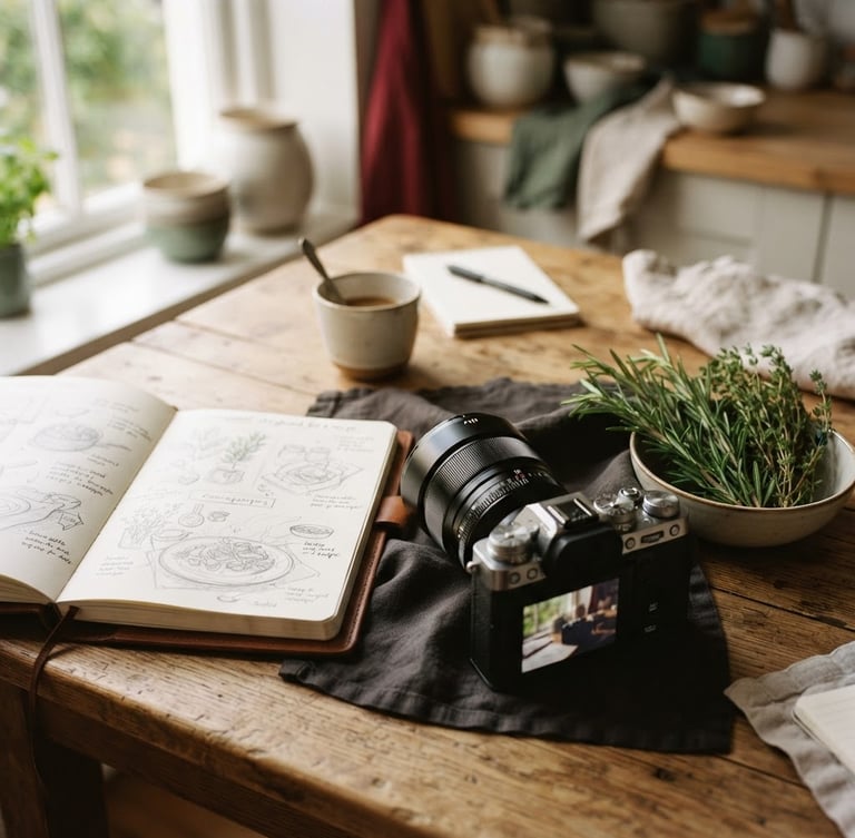 Warm editorial food photography, soft Scandinavian side-light, a rustic wooden table with storyboard sketches, a camera lens, and fresh rosemary sprigs, shallow depth of field, 35mm.