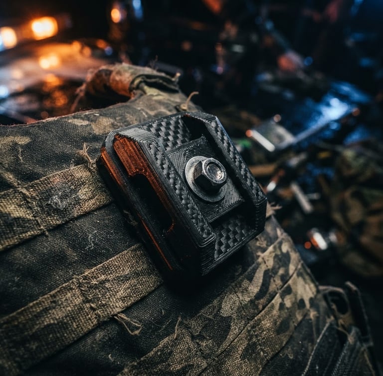 Macro shot of a 3D printed carbon-fiber reinforced polymer mount, showing clean layer lines, mounted on a rugged tactical vest, high-contrast dramatic orange lighting, gritty background.