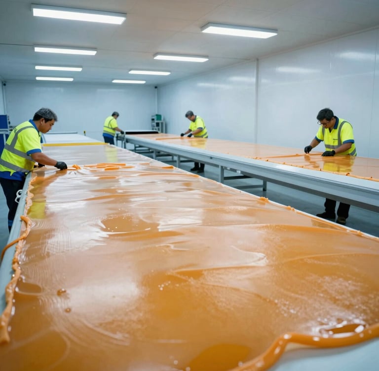 Industrial lamination bay with technicians in high-visibility safety gear applying resin layers to a large composite shell, bright overhead workshop lighting, 35mm
