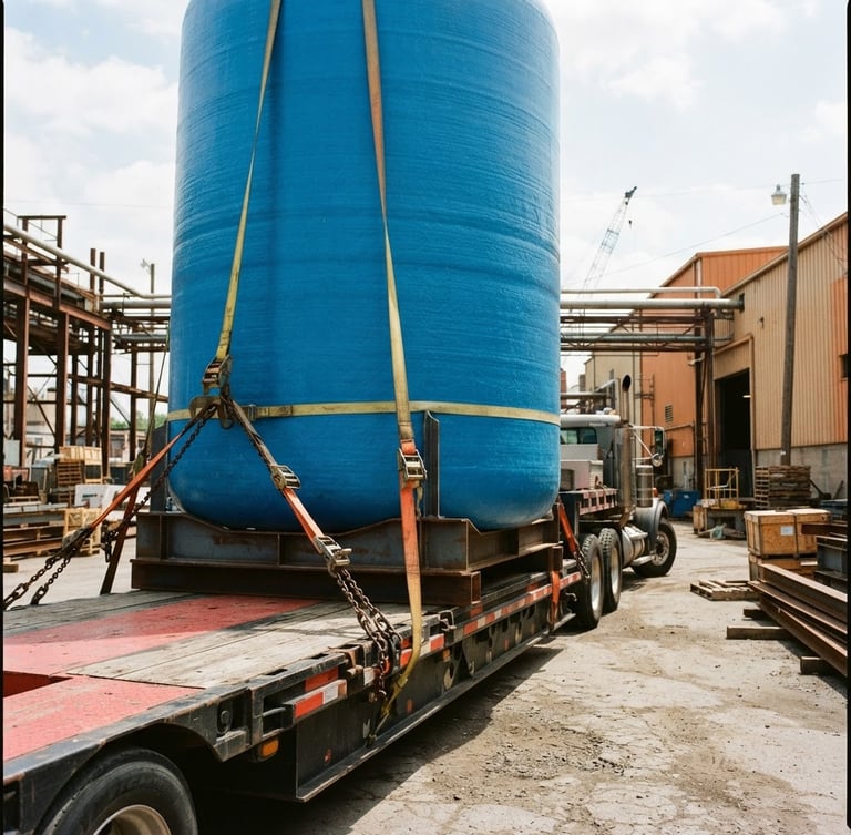 Low angle shot of a massive cylindrical blue FRP tank secured on an industrial transport flatbed inside a bright factory yard, sharp focus, 35mm