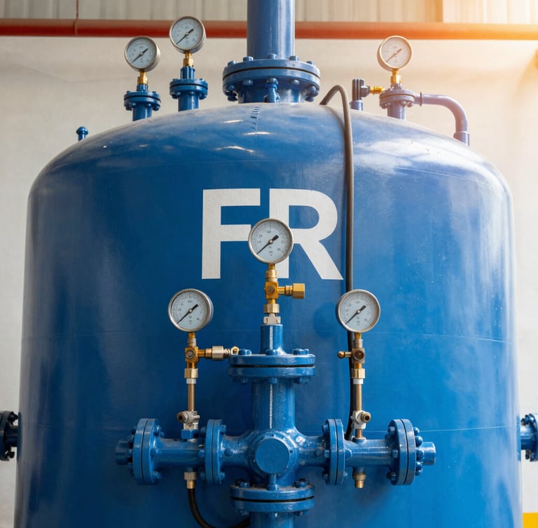 Industrial editorial photography of hydrostatic pressure testing of a large blue FRP process tank, pressure gauges and water lines connected, crisp industrial workshop lighting, sharp focus, 35mm lens.