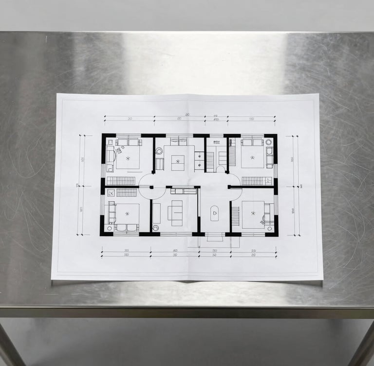 Symmetrical overhead shot of a technical CAD kitchen layout blueprint next to a pristine brushed stainless steel countertop, cool studio lighting