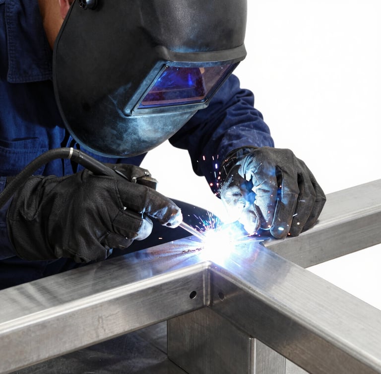 Close-up of a professional industrial welder working on a clean stainless steel joint, bright white lighting reflecting off the metallic surface, focused on the precise weld seam, high-end studio setting
