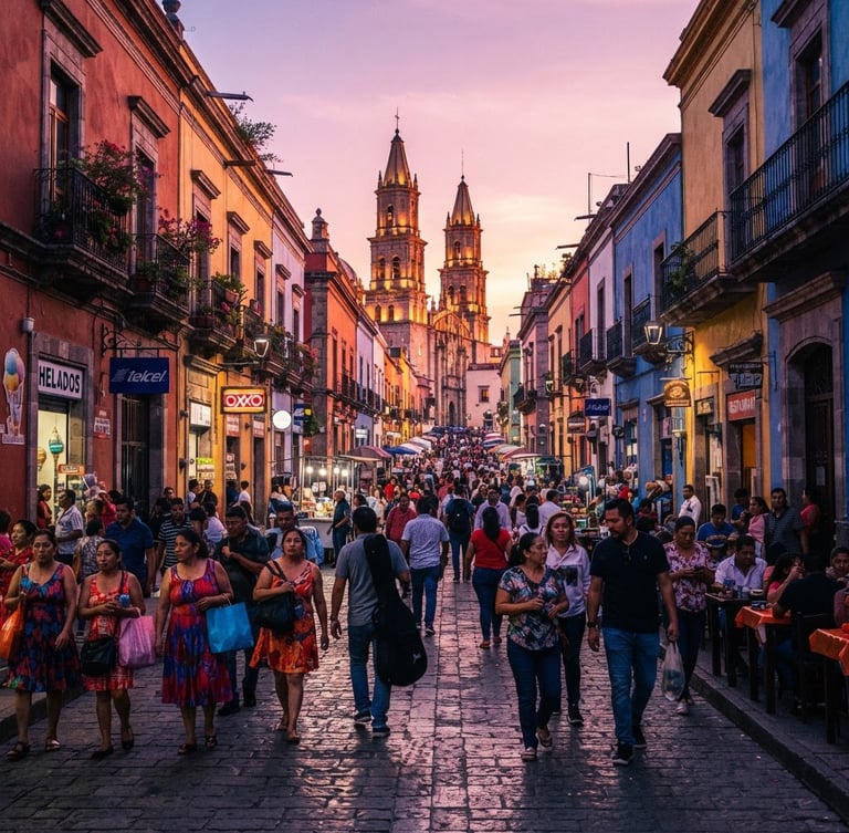 Wide shot of a bustling street in Zapopan, Jalisco, during golden hour, with local architecture and people walking. Saturated purple and pink tones, high-contrast natural light, wide-angle lens, 35mm film look.