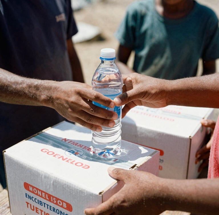 Candid close-up photo of hands distributing water bottles and emergency food boxes to families in a temporary shelter, natural harsh daylight, high contrast