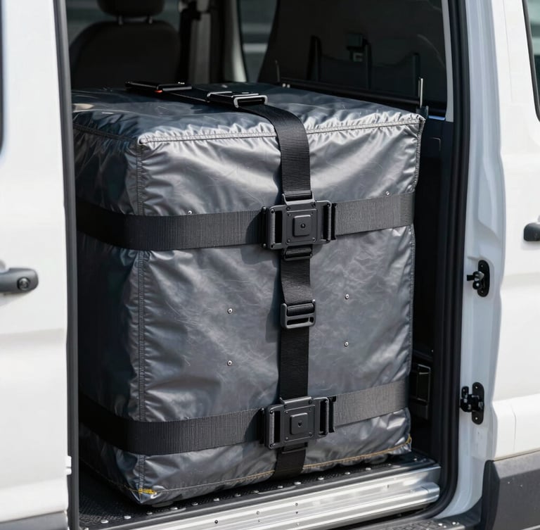Sharp close-up of high-grade technical securing straps and custom-crated protection inside a pristine transport vehicle, high contrast, cool metallic tones.