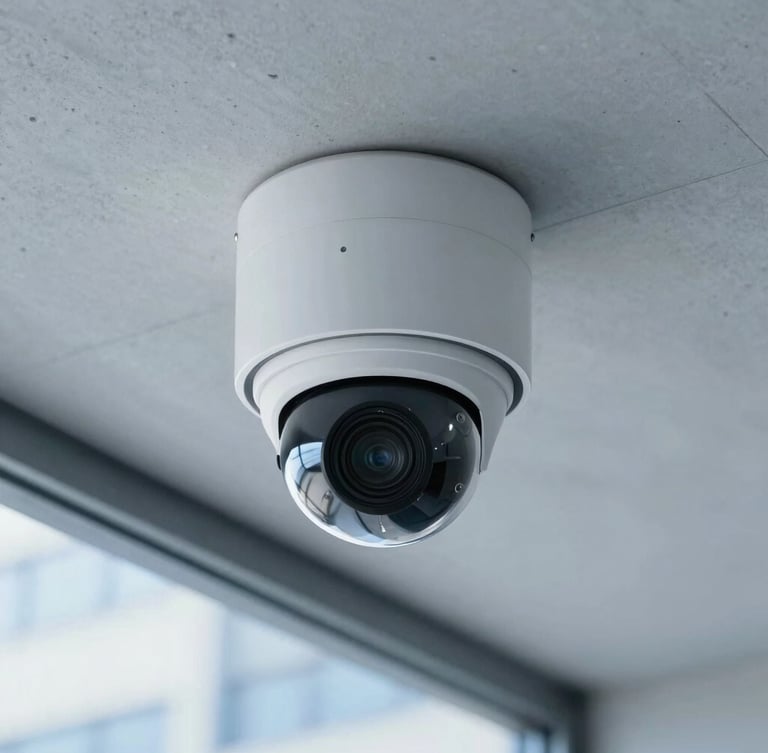 Sharp close-up of a modern white dome CCTV camera mounted on a clean concrete architectural ceiling, cool office daylight, sharp focus, 35mm lens