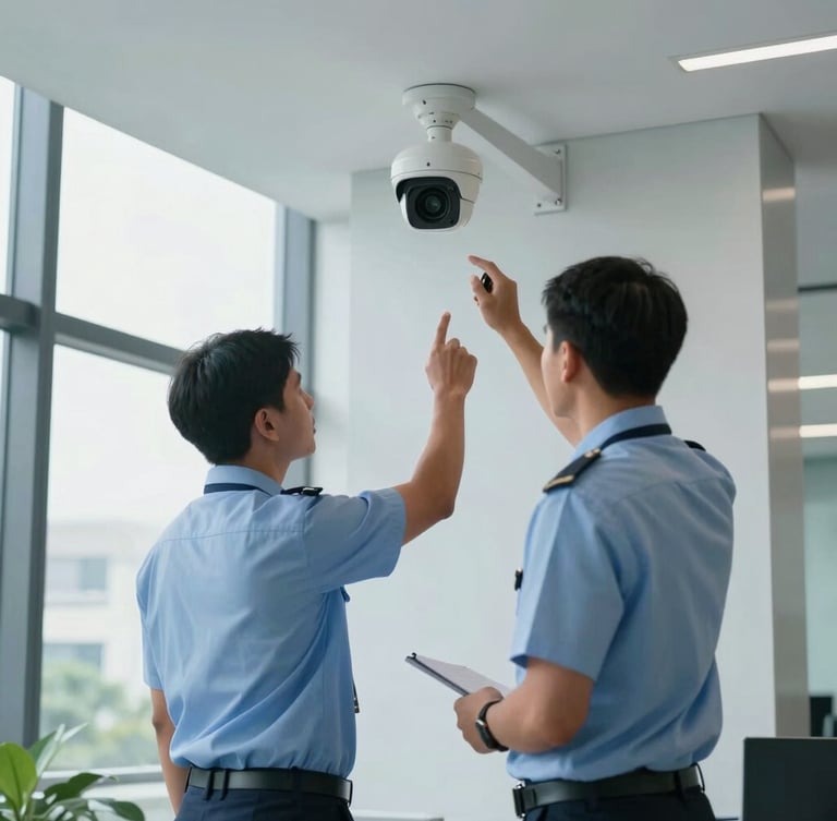 Medium environmental shot of two Lao IT engineers in uniform testing a mounted CCTV security camera inside a modern Vientiane office lobby, natural cool daylight, professional.