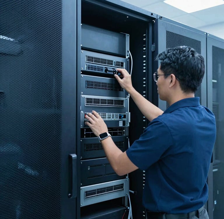Crisp commercial photography of a modern Vientiane corporate server room, clean technical blue tones, certified engineer configuring enterprise-grade network hardware, cool daylight.