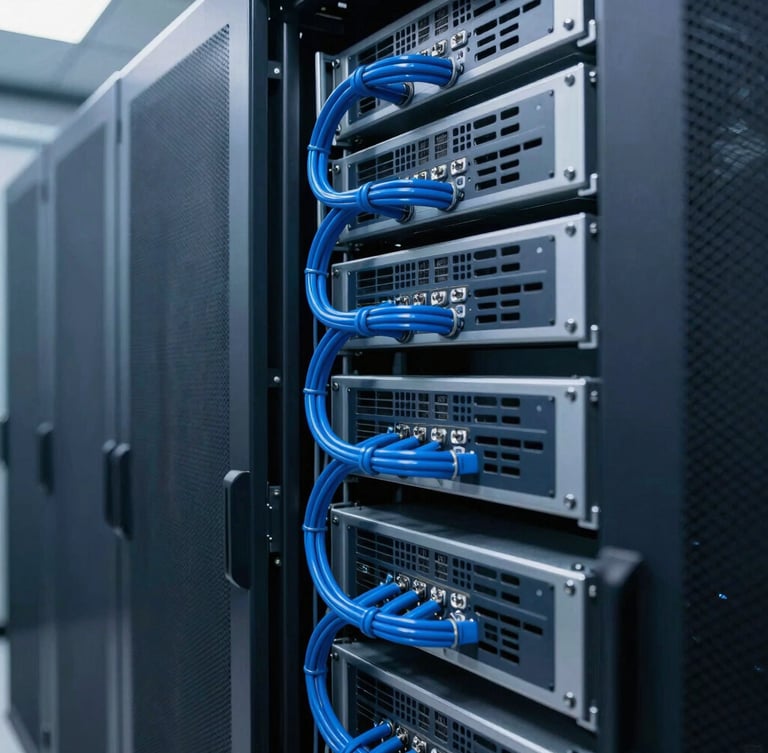 Real server racks with clean blue cable management in a modern server room, cool technical lighting, sharp focus, 35mm lens