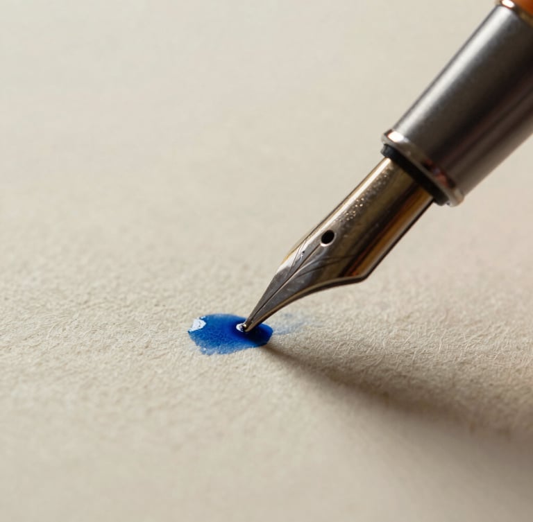 Macro close-up of a steel fountain pen nib gliding over textured cream paper, a small pool of wet blue ink catching soft window light, shallow depth of field.