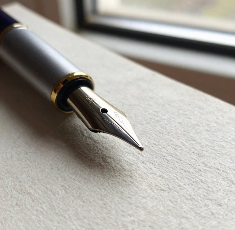 Macro close-up of a steel fountain pen nib resting on textured, heavy-weight cotton paper, soft side-lighting from a nearby window, shallow depth of field, 35mm photography