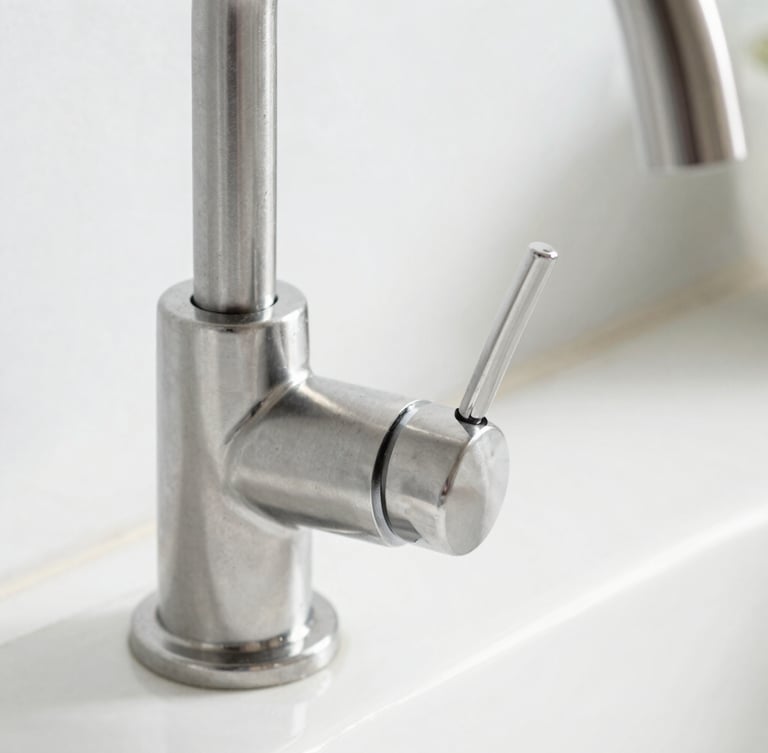 Detailed macro shot of a spotless stainless steel kitchen faucet, bright natural daylight reflecting off pristine metallic surfaces, sharp architectural focus