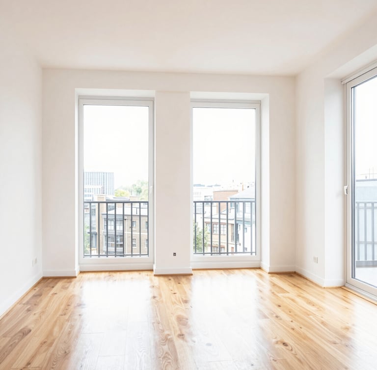 Bright high-key interior photography of a spotless modern London apartment living room, crisp natural daylight reflecting on polished hardwood floors, sharp architectural focus, 35mm