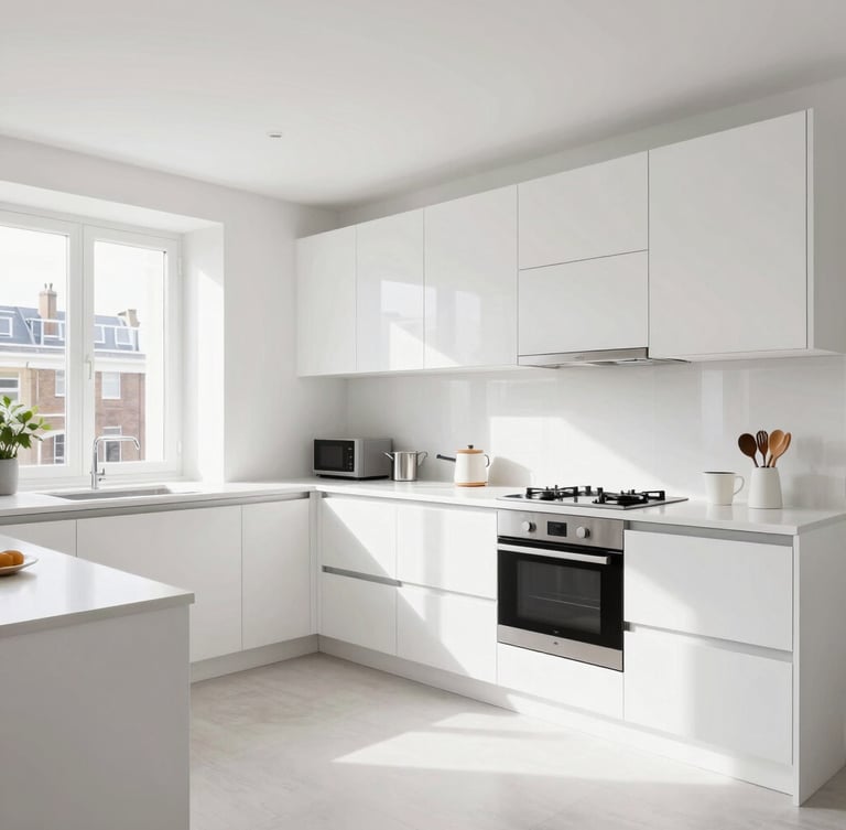 Wide-angle interior shot of a perfectly organized, clean white modern kitchen in a London flat, bright high-key daylight, sharp architectural focus