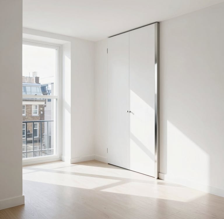 A bright high-key interior photograph of a pristine London apartment living room, crisp natural daylight reflecting on spotless metallic fixtures, sharp architectural focus, 35mm